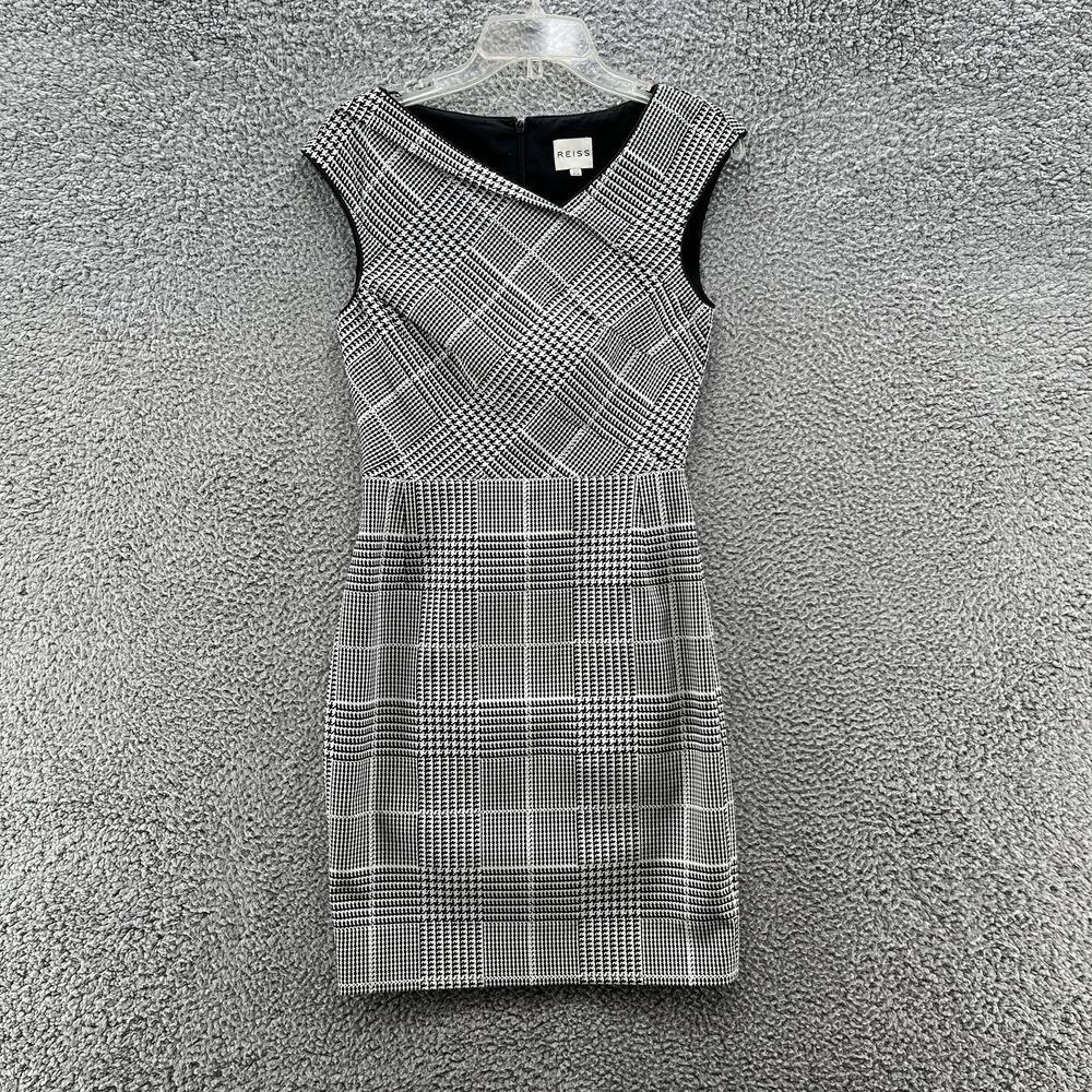 REISS Dress 6 Black White Houndstooth Check Above Knee Career Party Sheath